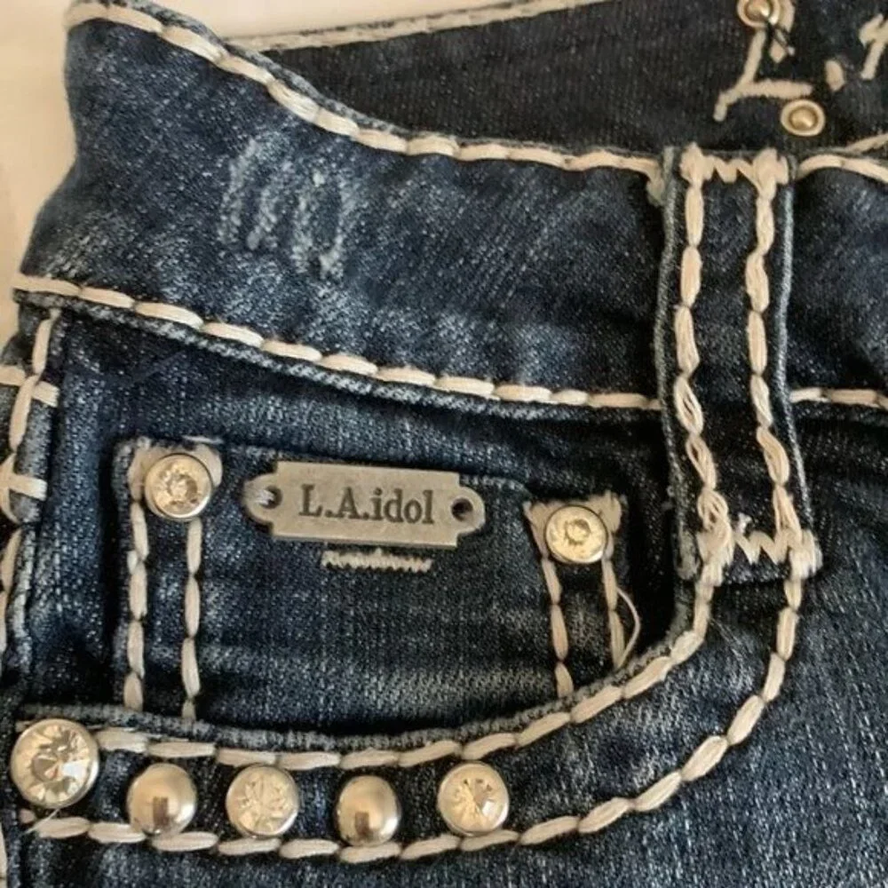 Aidal USA Womens Denim Capri Jeans W27 L12 Size 1 Dark Wash Studded Rolled Hem - Picture 3 of 9